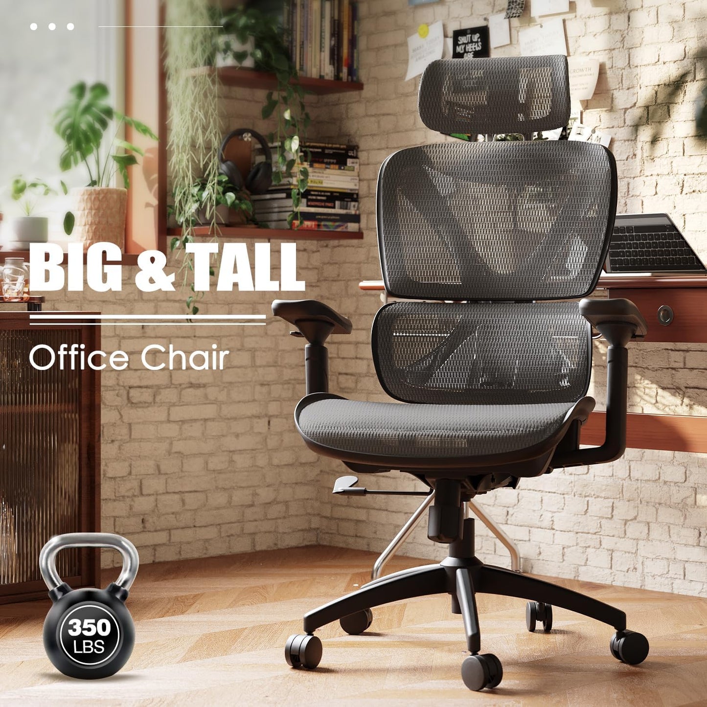 Ergonomic Office Chair, Big and Tall Mesh Chair with Lumbar Support, 3D Armrest - 215° Rotation, Adjustable Headrest & Soft Seat, Durable Desk Chair 350LBS for Work Gaming Computer,Grey