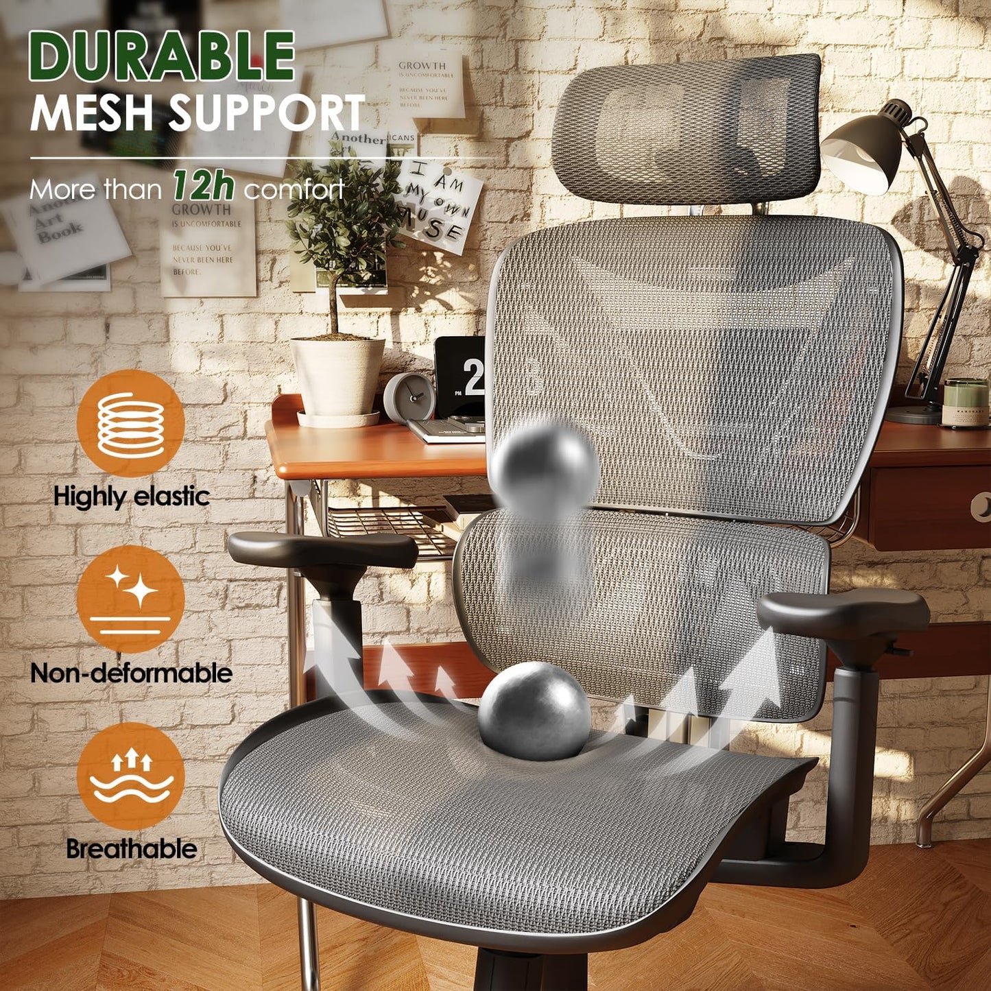 Ergonomic Office Chair, Big and Tall Mesh Chair with Lumbar Support, 3D Armrest - 215° Rotation, Adjustable Headrest & Soft Seat, Durable Desk Chair 350LBS for Work Gaming Computer,Grey